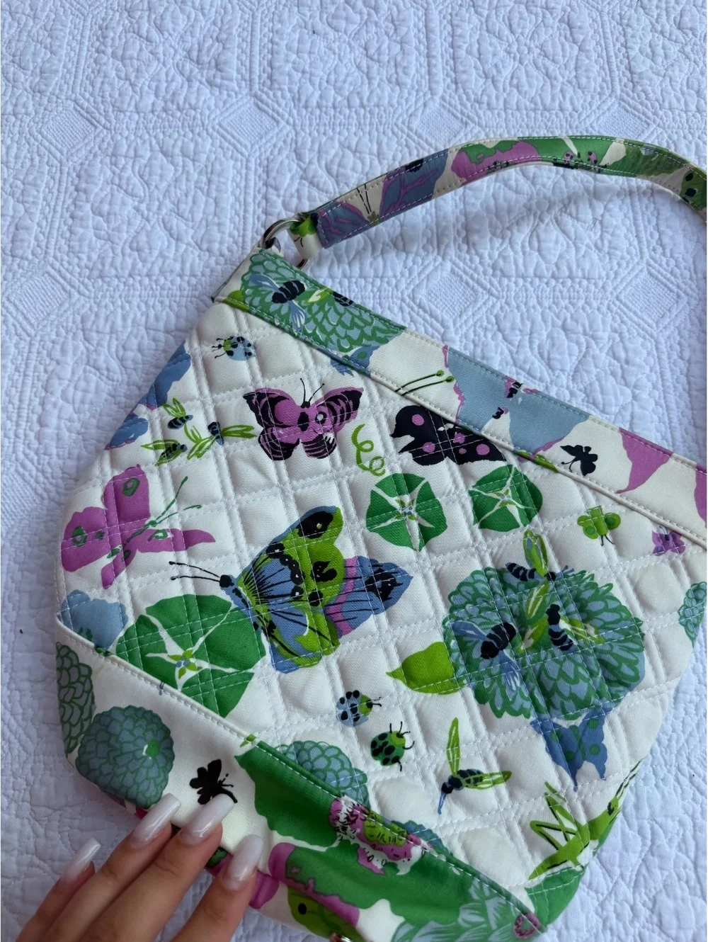 Vera Bradley Quilted Floral and Butterfly Print Shoulder Bag with Green Zipper
